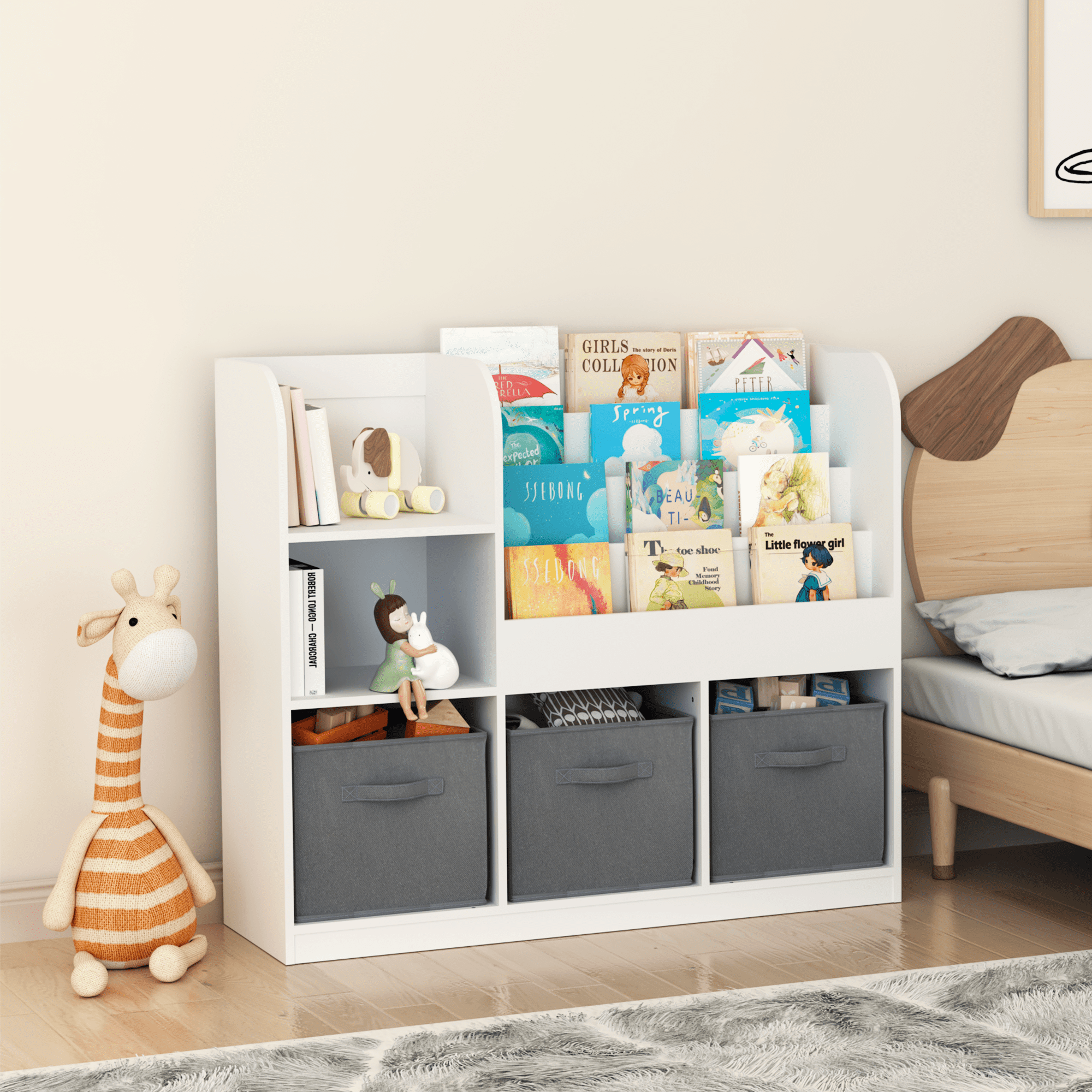 PORKISS Bookshelf for Kids, Wooden Kids Bookcase with 3 Collapsible Fabric Drawers, Modern Bookcase Display Stand, Freestanding Toy Organizer for Children's Room, Playroom, Hallway, White/Gray