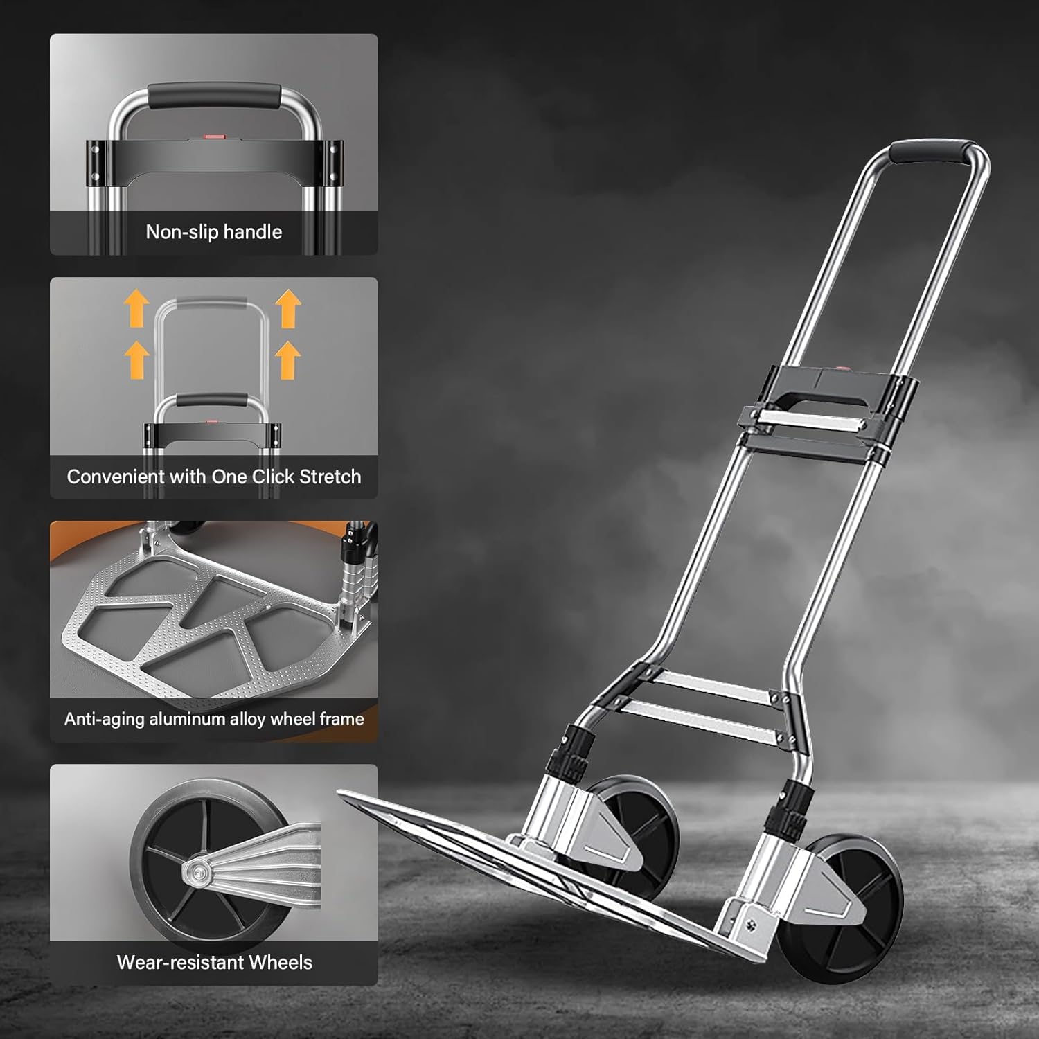 Portable Dolly Cart, 352 lbs Capacity Heavy Duty Aluminum Folding Hand Truck with Silent Large Rubber Wheels for Home Office Moving Warehouse