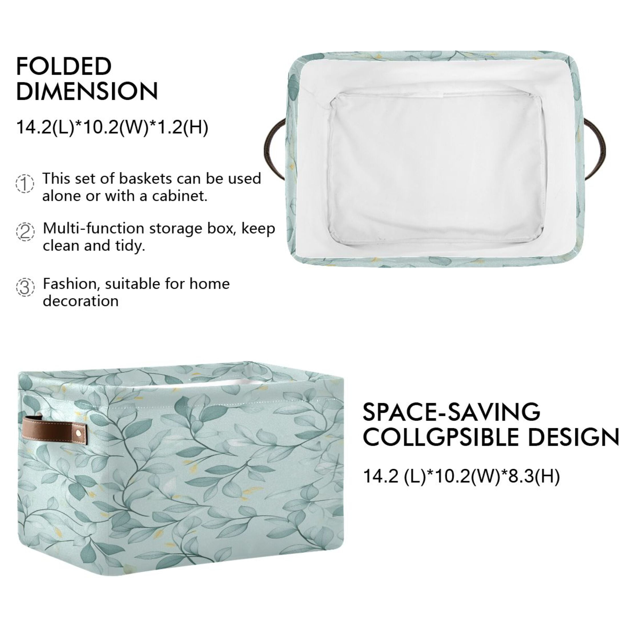 Seamless Green Leaf Foldable Storage Basket,Canvas Fabric Foldable Storage Bins with Handles Open Home Storage Bins Boxes for Toy Book Shelf Closet Baskets