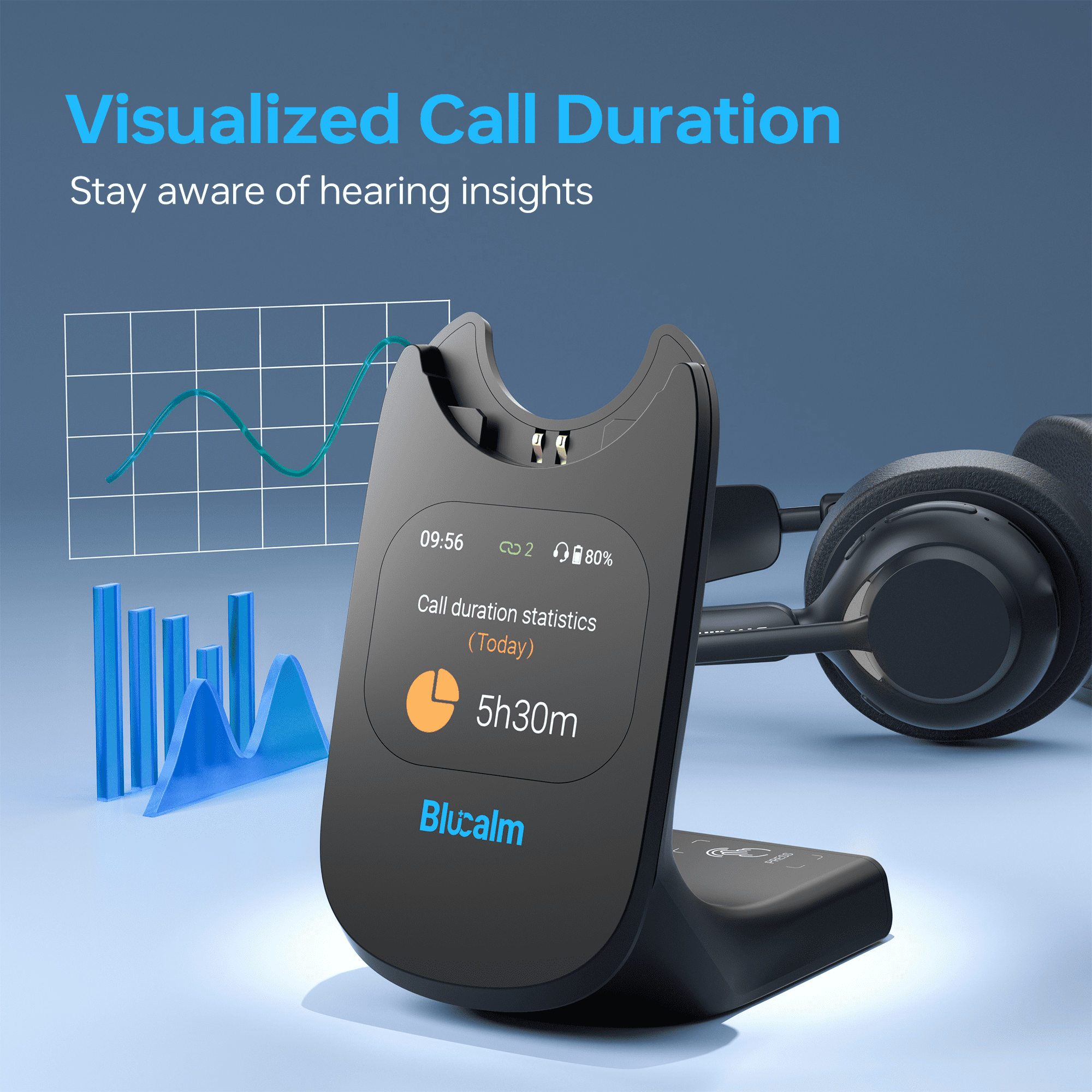 Blucalm Wireless Headset with Mic for Work - V5.4 Headset with Noise Canceling, PC Headphones with Mic Mute & USB Dongle, Smart Dock with Touch Screen for Work from Home, Teams, Zoom