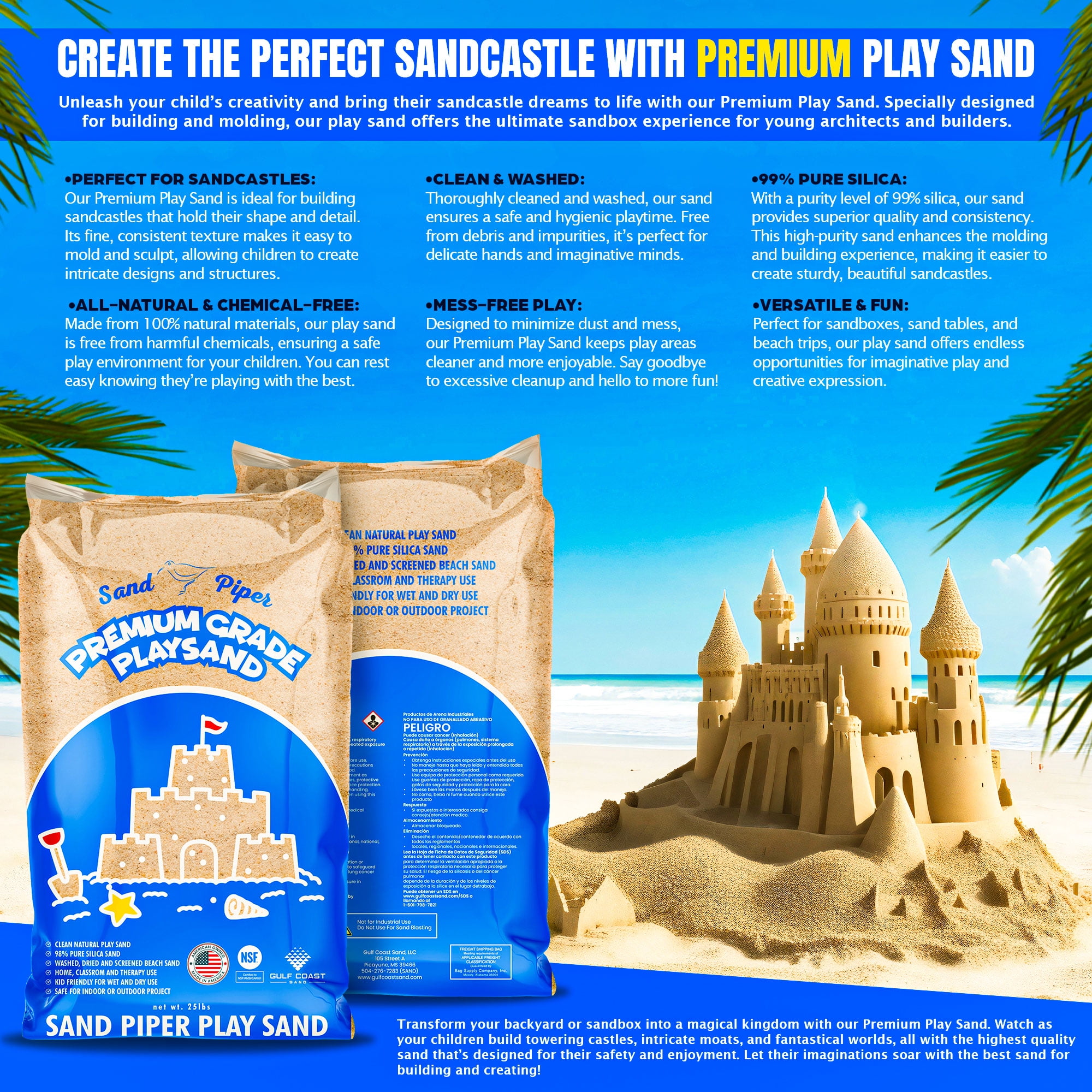 Sandpiper Multiuse Play Sand for Kids, Indoor Outdoor Silica Sand for Sandbox, 50 Lb Bag