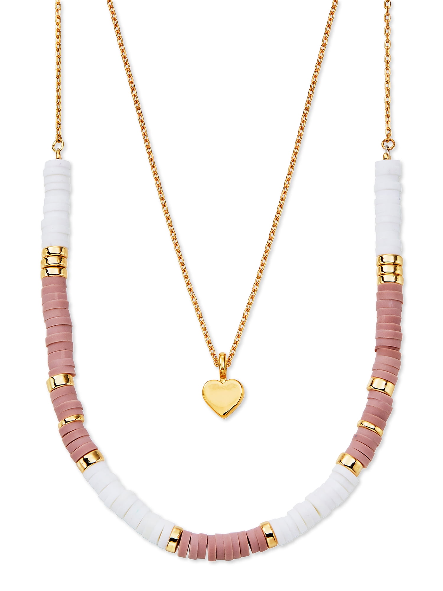 Scoop Womens 14K Gold Flash Plated Pink, White and Gold Bead Heart Pendant Layer Necklace, 16'+2' Extender