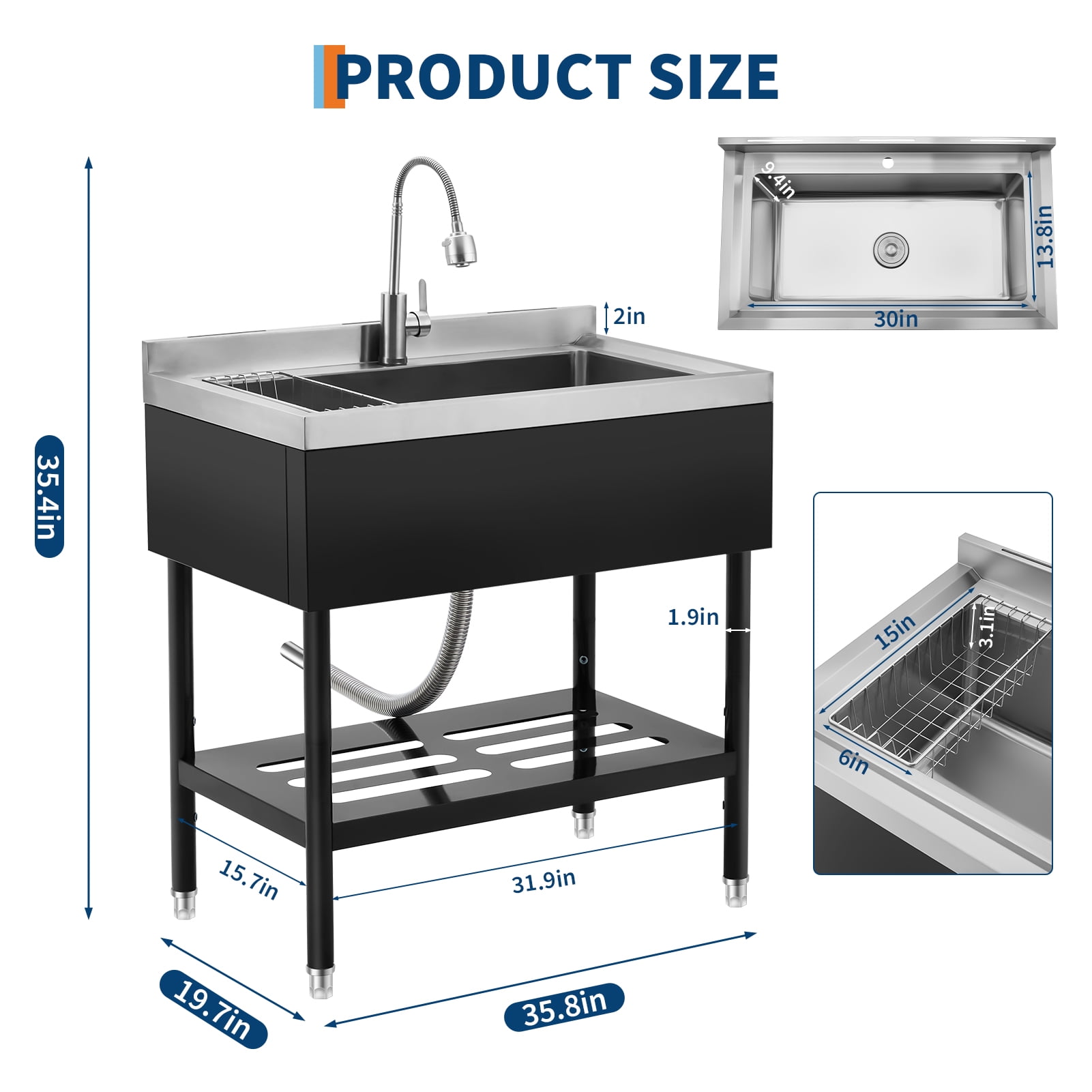 Accreate Freestanding Stainless Steel Utility basin with Faucet – 304 Single Bowl, Adjustable Legs, Storage Shelf, S-Hooks, Hot & Cold Water Pipes – Commercial Prep Kitchen/Laundry/Garage basin