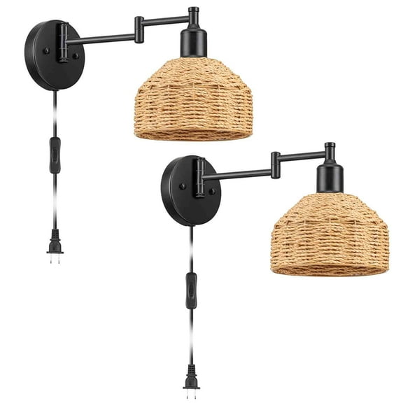ArcoMead Handwoven Rattan Swing Arm 2-Light LED Bedroom, Living Room Plug in Wall Sconces (2 Count)