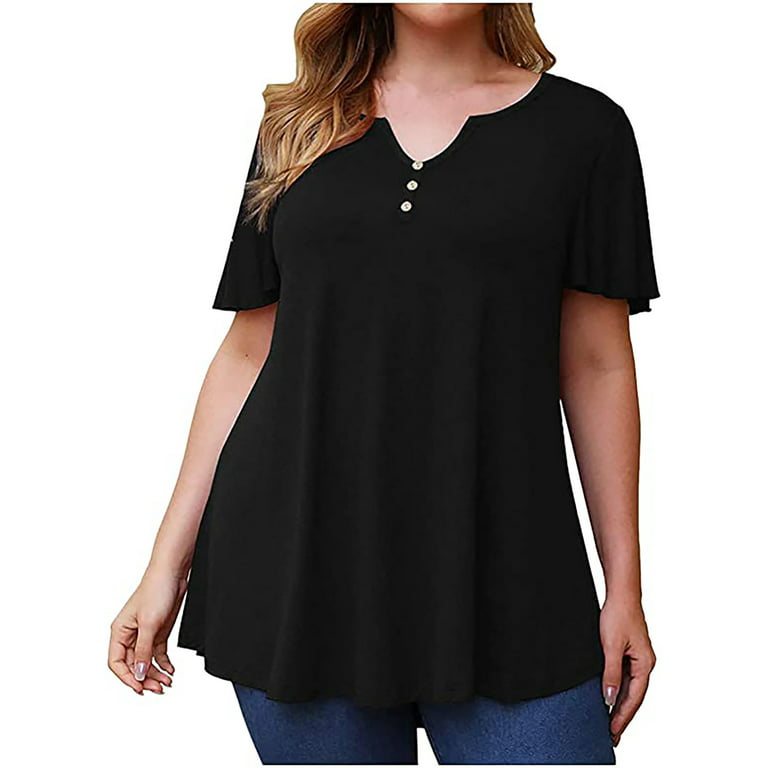Womens Tops for $5 Plus Size Women Clothing Solid T-Shirt Button Short  Sleeve V-Neck Tops 