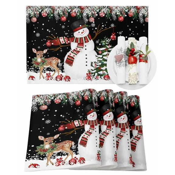 Christmas Snowman Placemats Set of 8 Pine Tree Leaf Deer Xmas Balls Snow Black Heat Insulation Washable Place Mats, Rustic Non-Slip Table Mats for Dining Table Party Kitchen Decor,13x19 Inch
