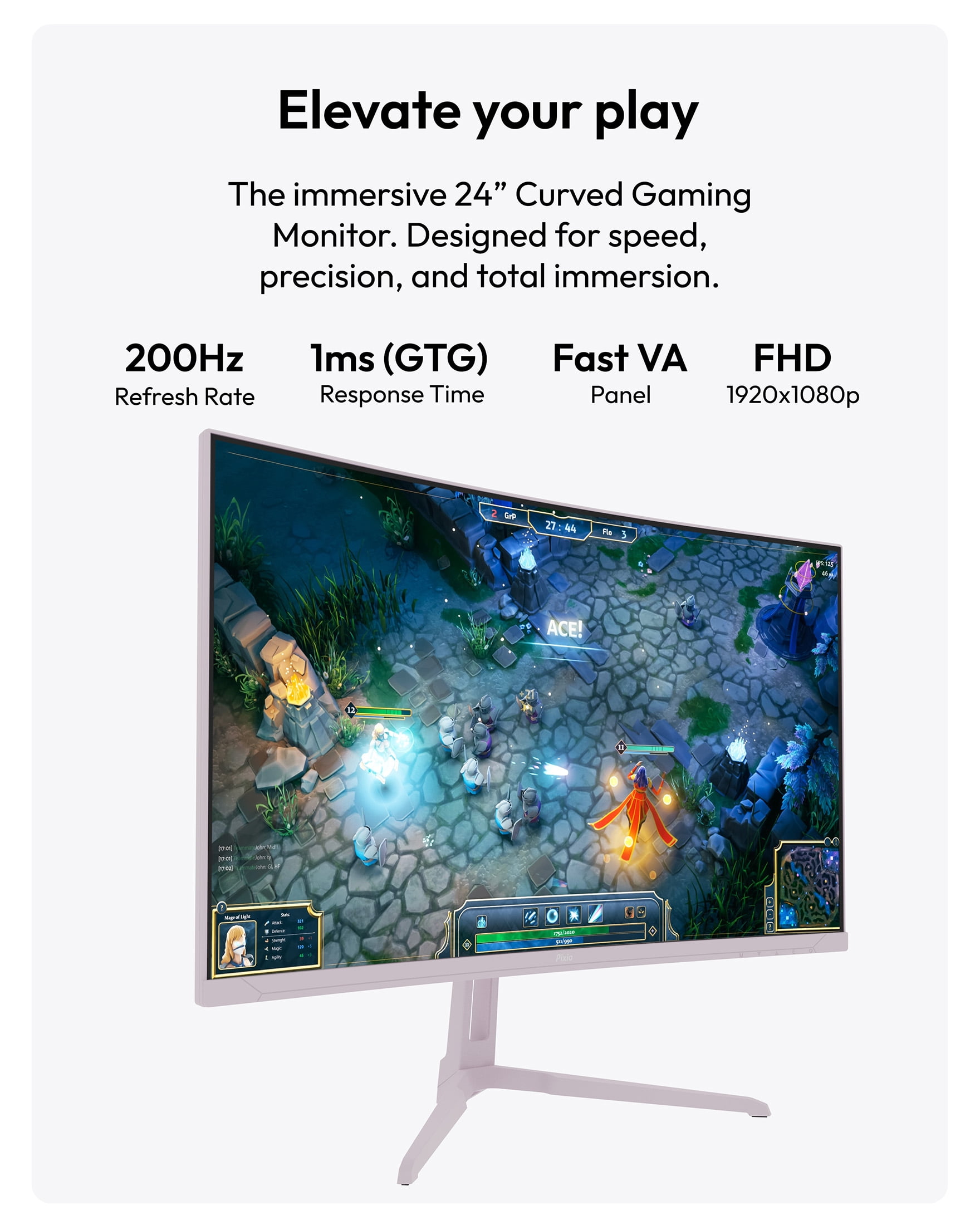 Pixio PXC248 Wave Pink 24 inch 200Hz Refresh Rate FHD 1080p Resolution 1500R Curve Fast VA Panel 1ms GTG Response Time Adaptive Sync HDR Curved Gaming Monitor
