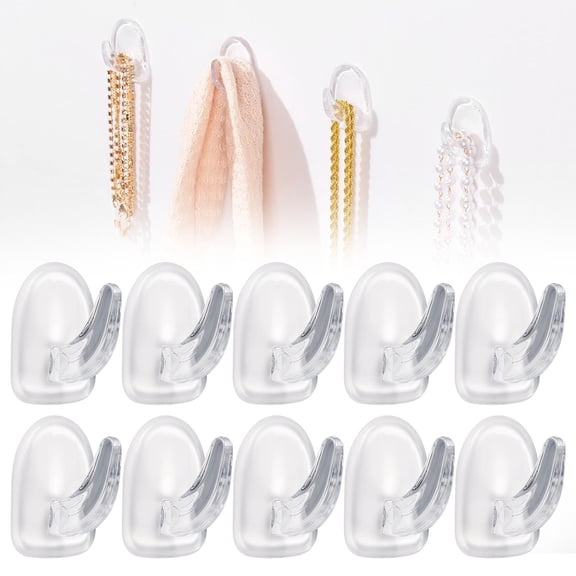 Clear Adhesive Wall Hooks 10 Pack, Mini Self Stick Hooks with Removable Strips, Acrylic Plastic Hanging Hooks for Towels Keys Kitchen Bathroom and Home Organization