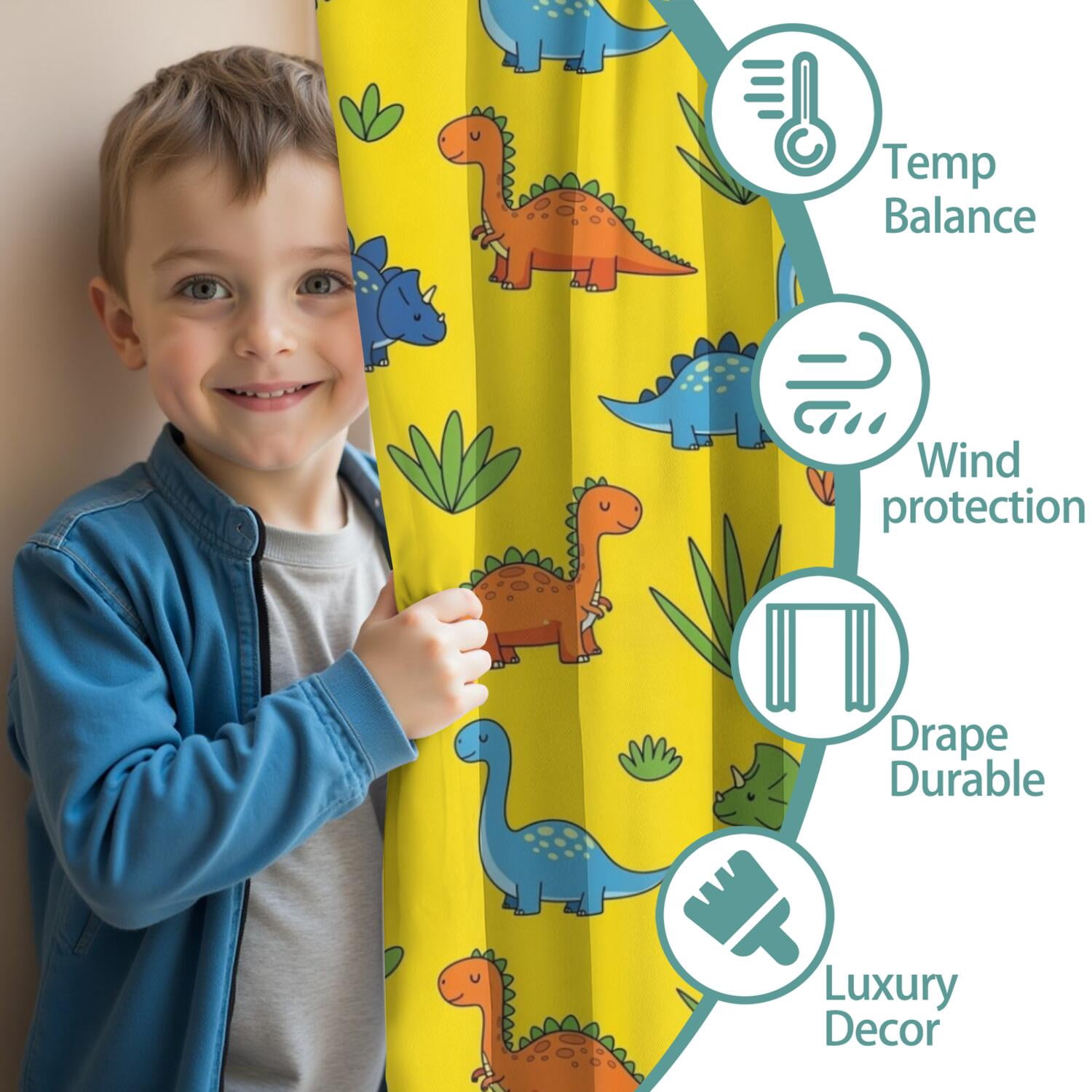 Blackout Kids Curtains,Yellow Dinosaur Plant Pattern Childrens Insulated Curtains Set Of 2,Bedroom Essentials,Toddler Room Decor 52"x63"