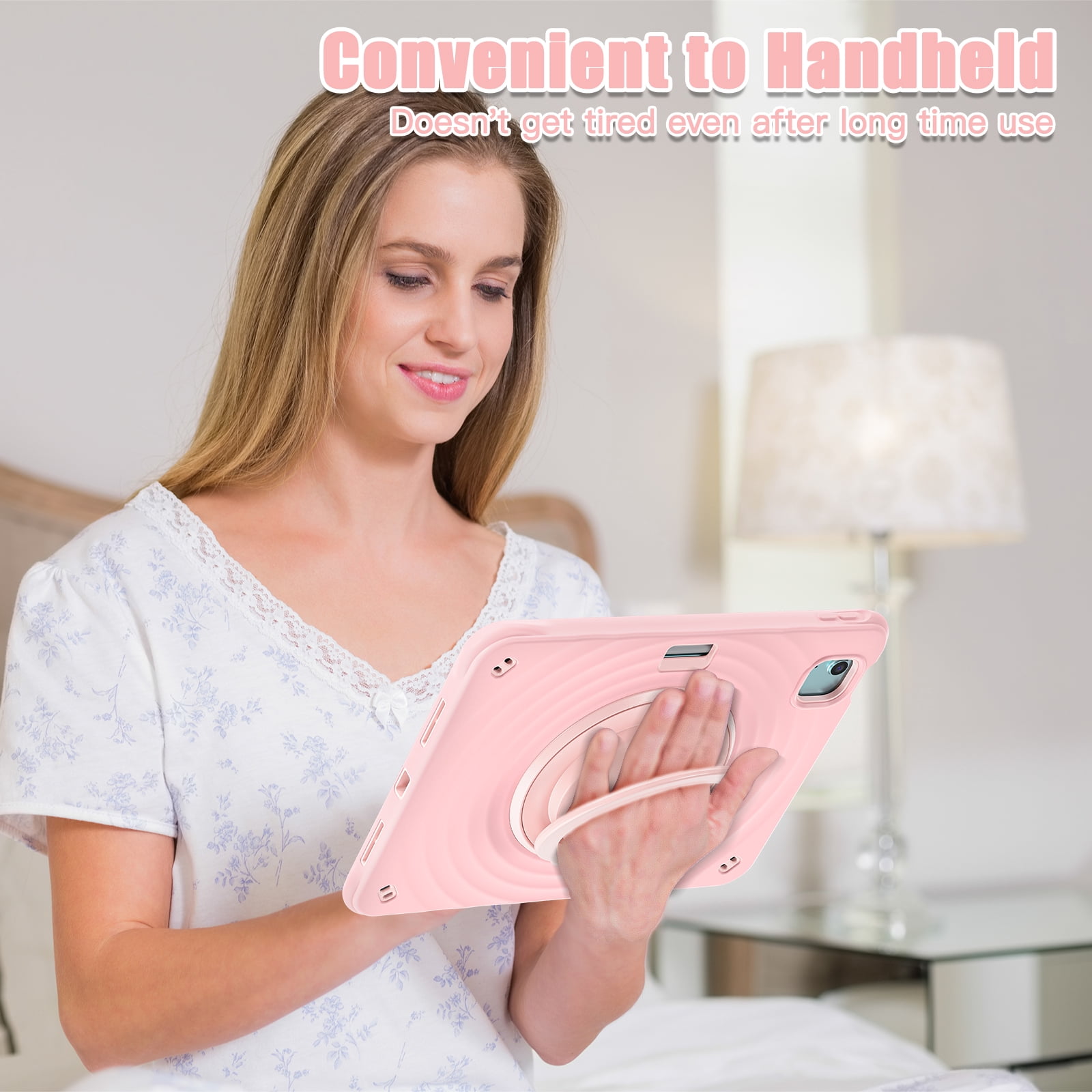 Case for Apple iPad Air 11 (2024) with Stand for Women Men, 360° Rotatable Kickstand Shoulder Strap Pencil Holder Shockproof Protective Back Cover for iPad Air 11 inch Case M2 2024, Pink