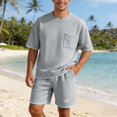 thumbnail image 2 of Mens Track Suits 2 Piece Set Short Sleeve Crew Neck Summer T Shirt And Drawstring Casual Track Shorts Sportswear Sets T Shirts Shorts Sets Fashion Retro Textured Sweatsuit Light Ashy M, 2 of 6