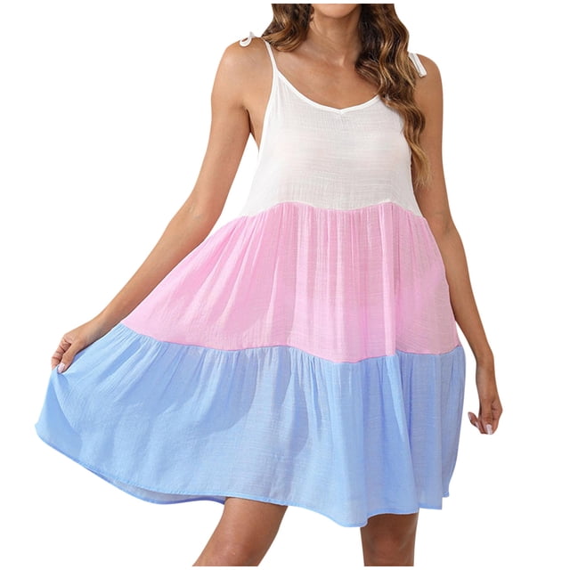 Penkiiy Robe Décontractée Ample Sans Manches pour Plage Vacances Col en U Mode Douce L Rose