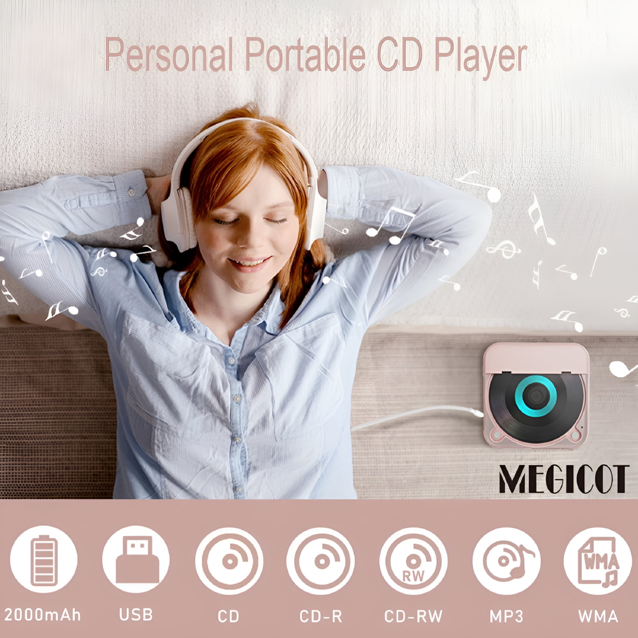 GJX 2026 New Rechargeable Cd Player with Hold Function Led Display Usb Audio Port,2000Mah Personal Mp3 Cd Player for Listening Music Prenatal Education Children Study