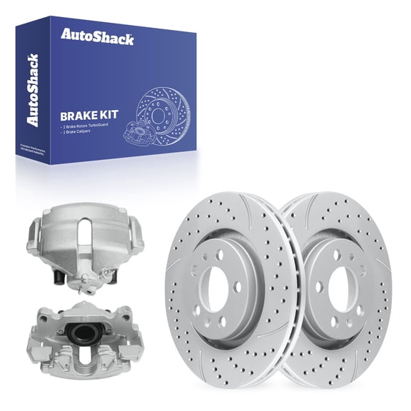 AutoShack Front Vented Drilled & Slotted Coated Brake Rotors Silver Matte Finish   Calipers 4-PC Brake Kit Replacement for 2006 Volkswagen Jetta TurboGuard 11.02" (280 mm)
