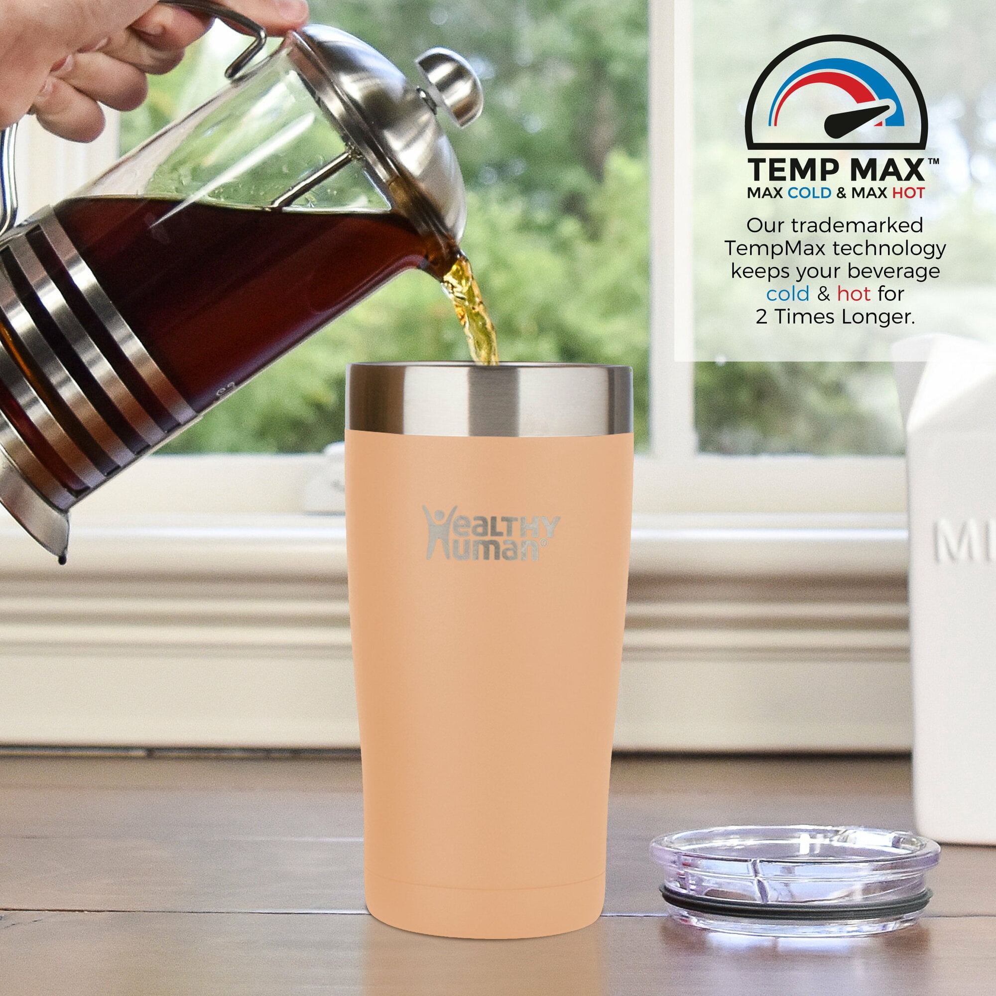 Healthy Human Stainless Steel Tumbler with Straw & Lid | Splash Proof Insulated Travel Cup | Eco-Friendly Coffee Tumblers | Water Cups with Straws Cleaner and Splash Proof Lids (20oz, Papaya)