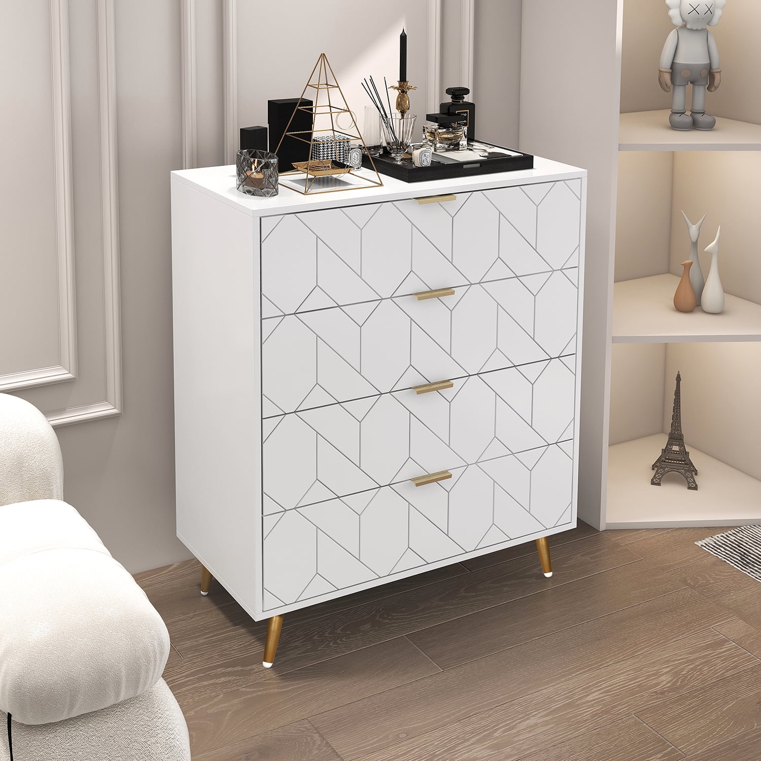 Kadyn 4 Drawer Cabinet, Storage Cabinet with Metal Legs, Particle Board Drawer Dresser for Home, White Kadyn 4 Drawer Cabinet, Storage Cabinet with Metal Legs, Particle Board Drawer Dresser for Home, White