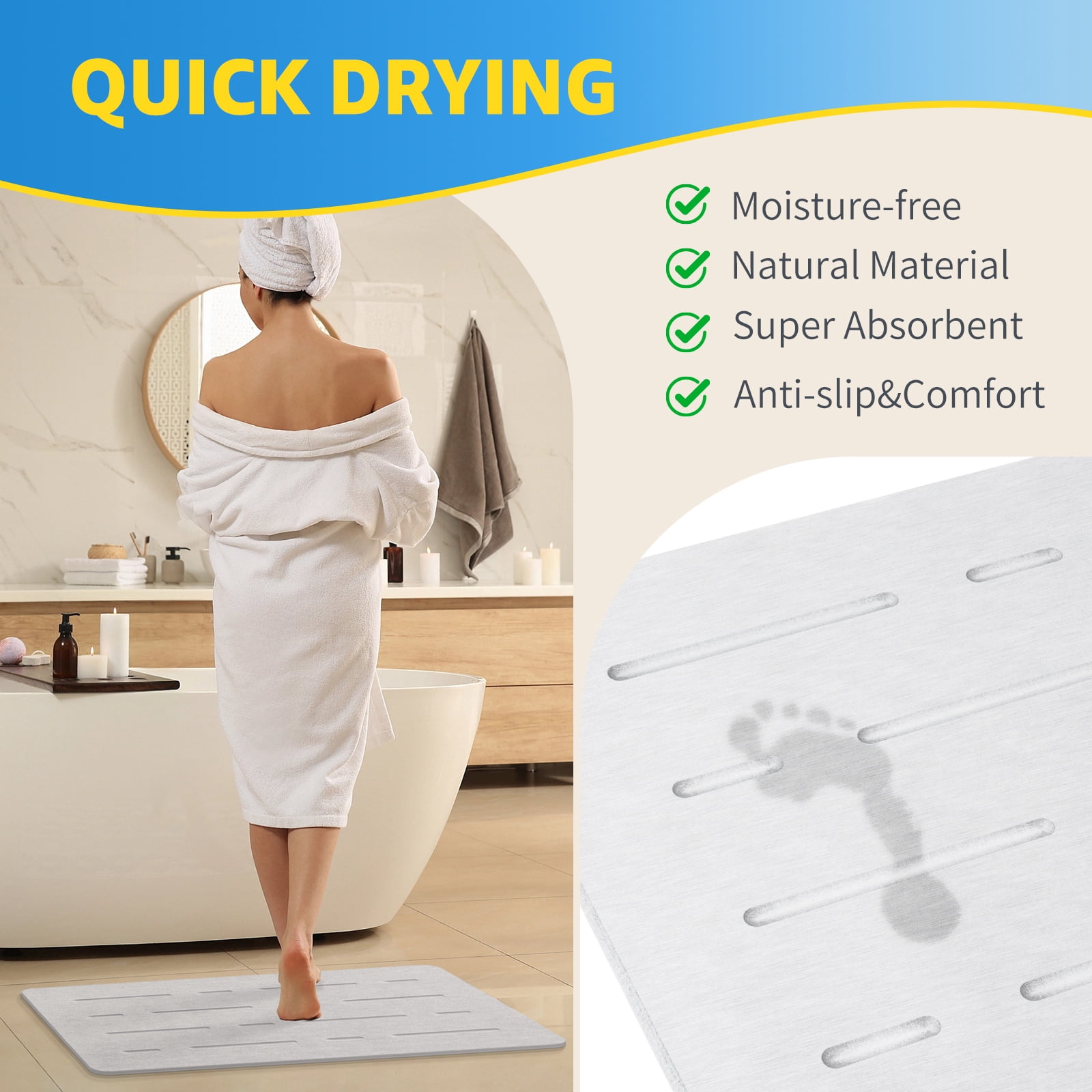 OTHWAY Large Stone Bath Mat, 32"x 20" Diatomaceous Earth Bath Mat for Bathroom, Quick Drying Long Bath Mat Stone Absorbing, Non-Slip Diatomite Hard Stone Shower Mat Instant Dry(White Grey)