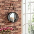thumbnail image 1 of Danya B. SE1908 Round Mirror Pillar Candle Sconce with Filigree Metal Frame & Hanging Rope - Black, 1 of 1
