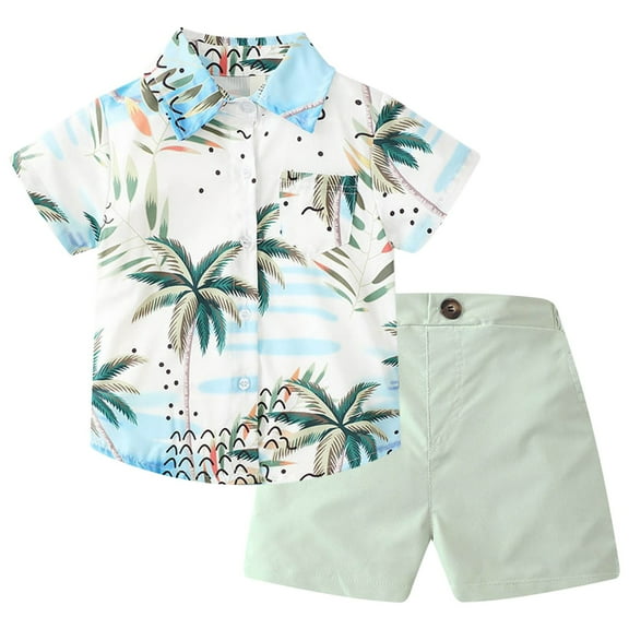 EnJoCho Boys Beach Theme Outfit Set Toddler Boys Short Sleeved Stand Up Collar Leaf Print Suit Summer Outdoor Casual Suit Boys Summer Camp Outfit Set