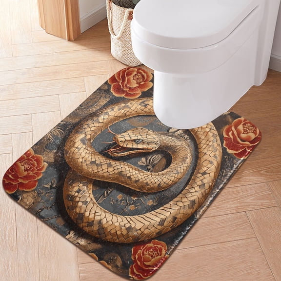 Toilet Rug U-Shaped Bathroom Rugs Non-Slip Soft Plush Machine Washable Contour Bath Mat Golden Snake and Rose 24x20