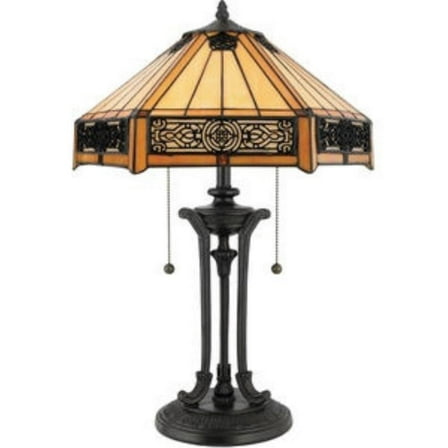 2 Light Craftsman Tiffany Table Lamp with Pedastal Bronze Base and Handcrafted Gothic Art Glass Shade-Dual Pull Chains Bailey Street Home
