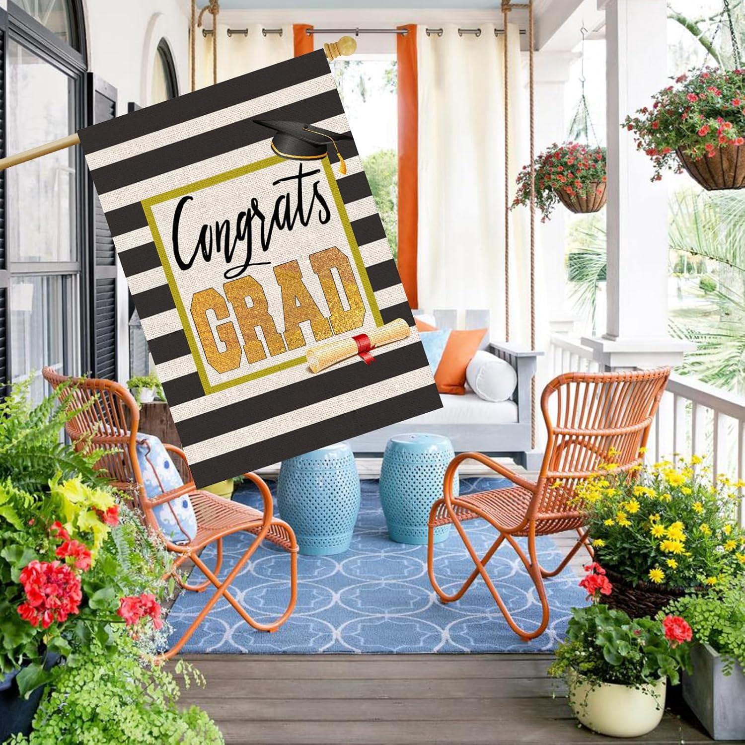 Congrats Grad Garden Flag Double Sided Outside Diploma Cap Stripes Flag, Class Of 2026 Graduation Ceremony Yard Outdoor Decoration