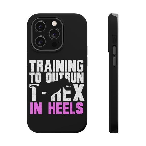 DistinctInk Tough Case for Apple iPhone 15 PRO (6.1" Screen), Compatible with MagSafe Charging - Training to Outrun T-Rex in Heels