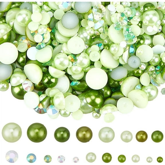 60G Half Rhinestones Green Flatback Rhinestone Half Round Pearls Plastic Imitation Pearl Beads Flat Back Rhinestones for Crafts Embellishment Shoes DIY Phone Case Nail Art Decoration