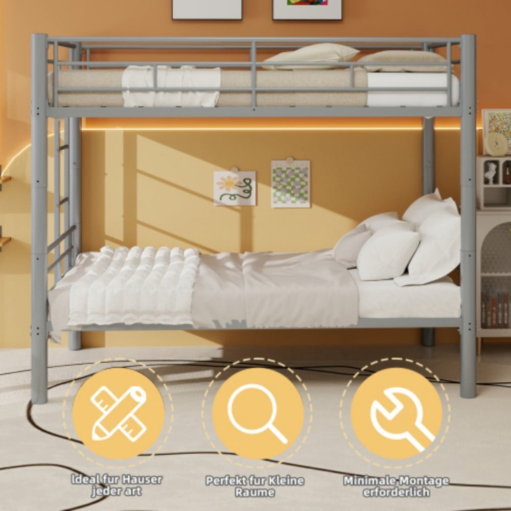 Twin Metal Bunk Bed, Convertible & Detachable into 2 Twin Beds, Heavy-Duty Iron Frame, 400 lbs Capacity, Guardrails & Ladder, Silver