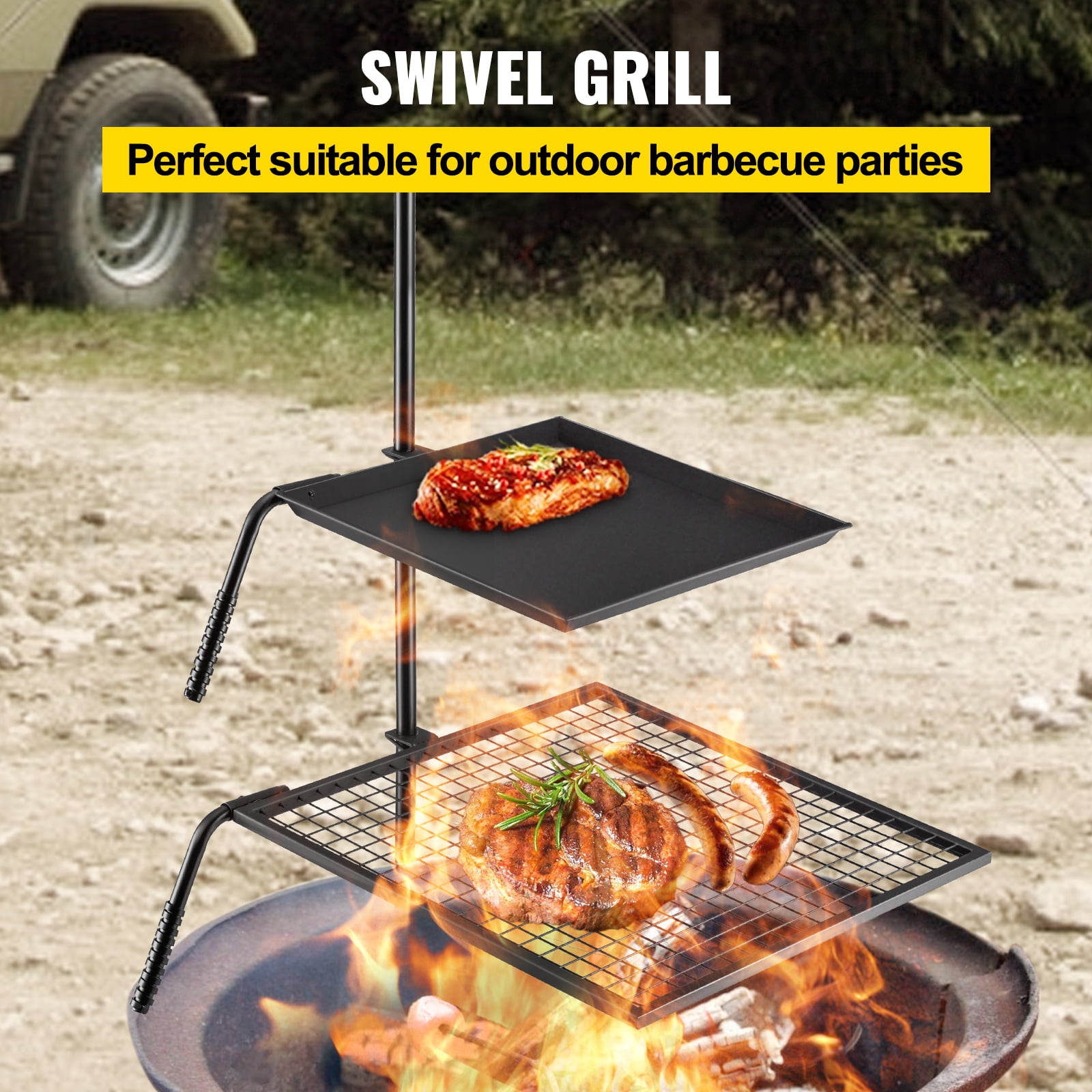 VEVOR Swivel Grill 24" x 24" Campfire Swivel Grill Double Layer Heavy Duty Over Fire Grill for BBQ