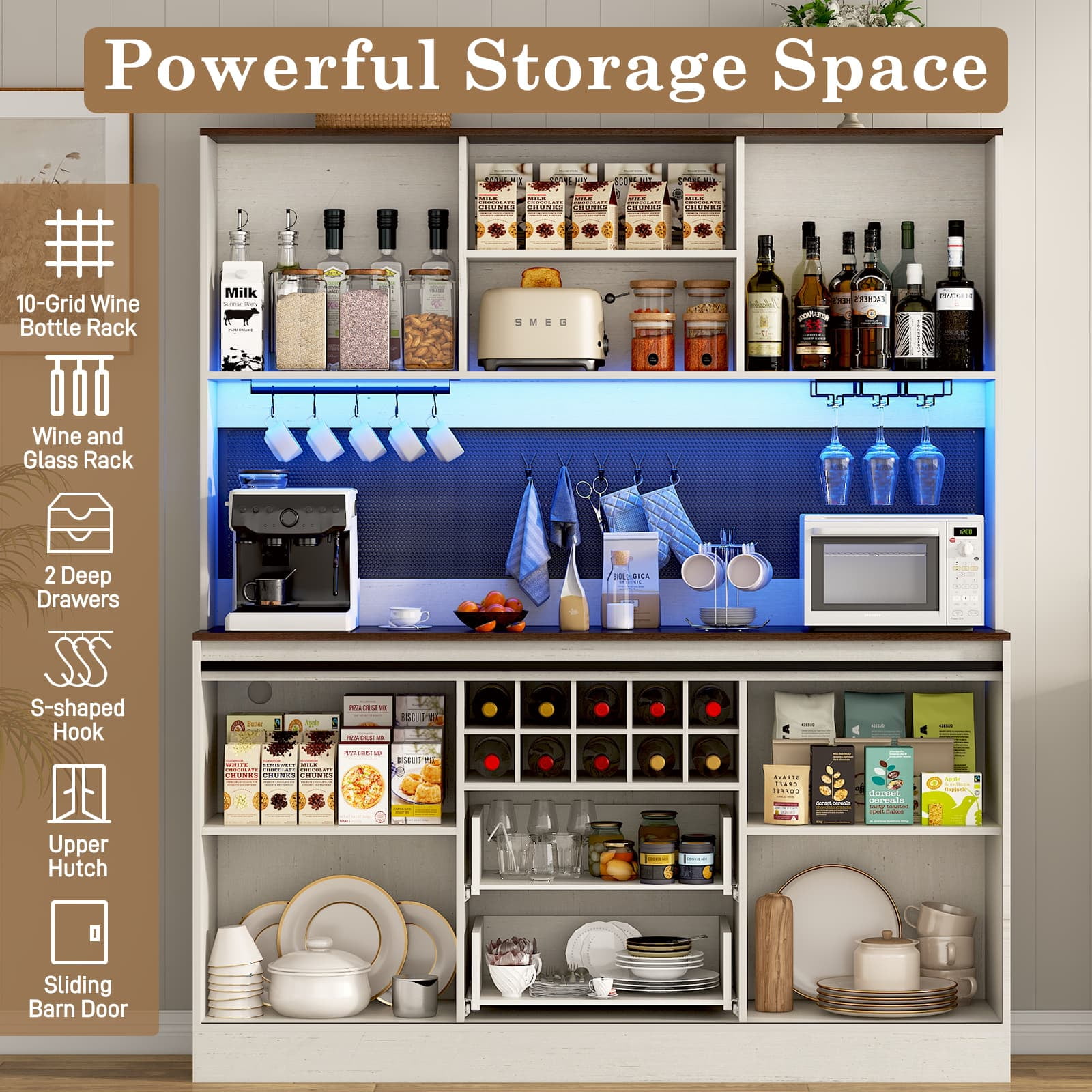 74" Farmhouse Kitchen Pantry Storage Cabinet with LED Light & Charging Station, 63" W Coffee Bar Cabinet Kitchen Cupboard with Hutch and Sliding Barn Doors, Pegboard