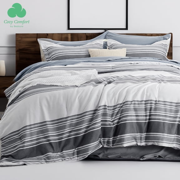Bed in a Bag King 7 Pieces - Striped Beddding Sets, King Comforter Sets with Comforter, Fitted Sheet, Flat Sheet, Pillowcase & Shams