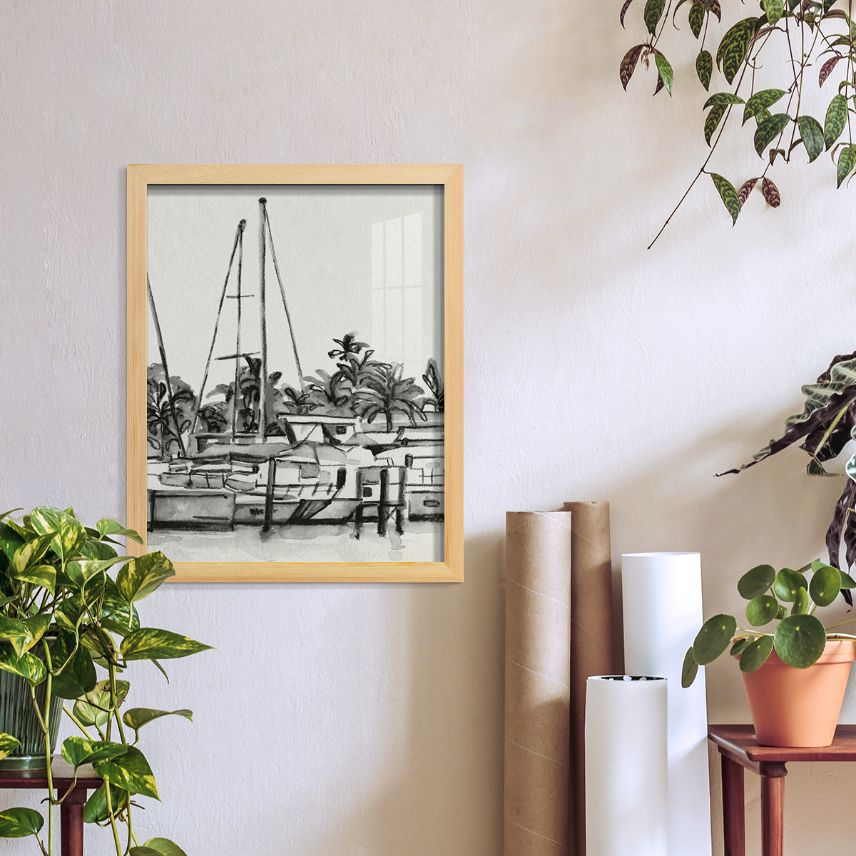 Neutral Tropics IV - Framed Print w/glass - Natural Wood