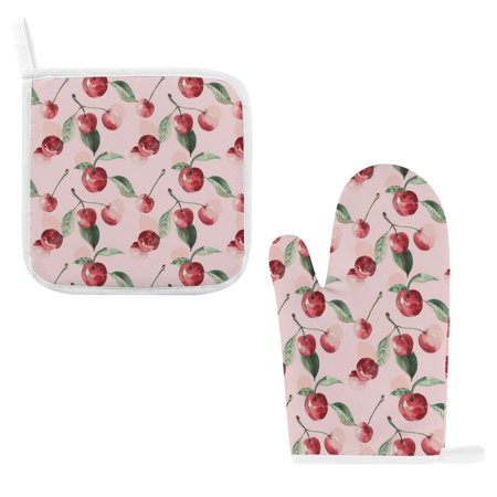 

ZZZHY Watercolor Cherry Romance-1194 Oven Mitts and Pot Holders Sets Heat Resistant Oven Gloves Cute Kitchen Mitts for Oven 2-Piece Baking Gloves Set for Cooking Grilling Baking