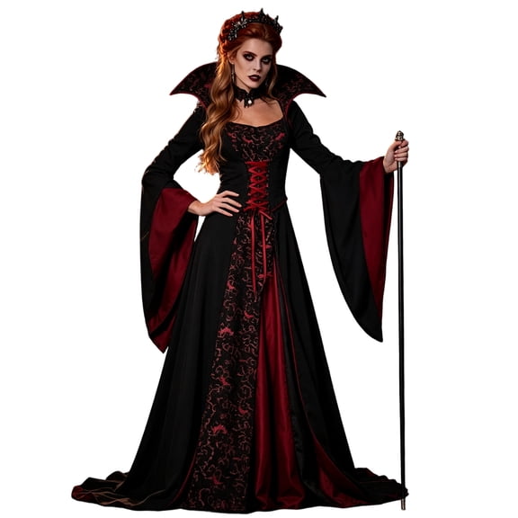 KICILVS Vampire Costume Women High Collar Long Trumpet Sleeve Corset Lace up Maxi Dress Gothic Queen Cosplay Outfit