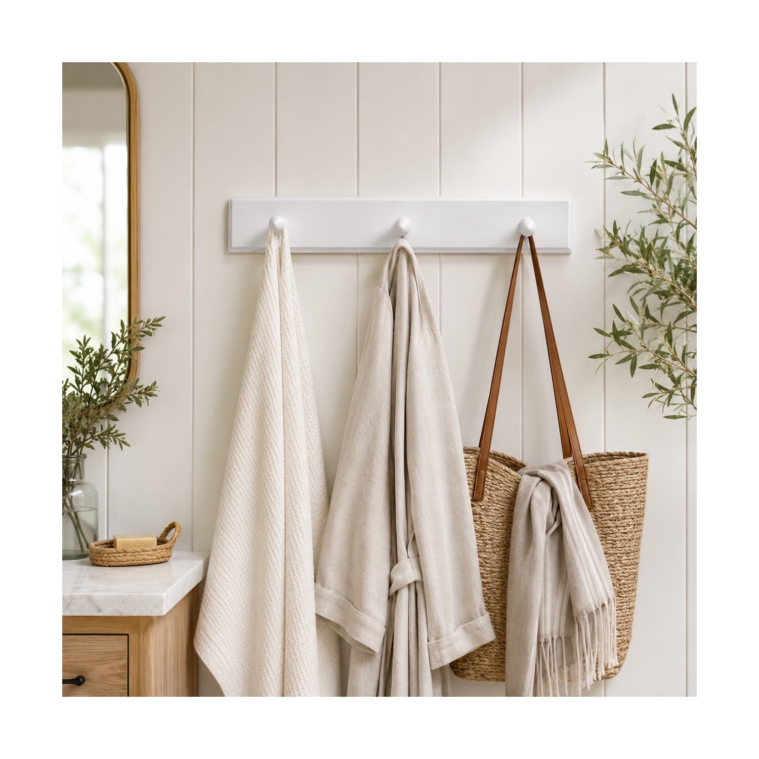 White Wood Dalton Triple Robe Hook, Bathroom, Closet, and Entryway Wall Mount
