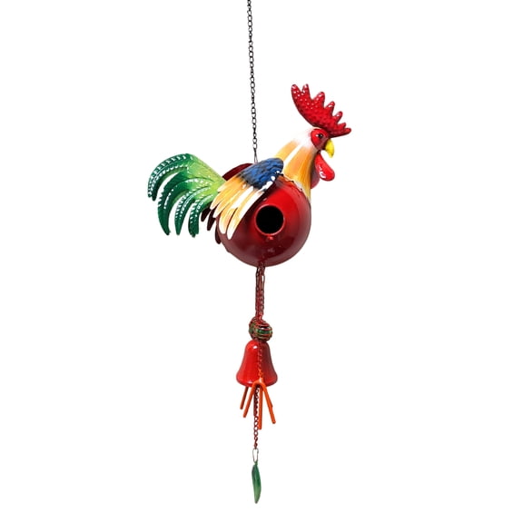 Metal Rooster Bird House with Bell Chime Rustic Farmhouse Outdoor Hanging Garden Decor