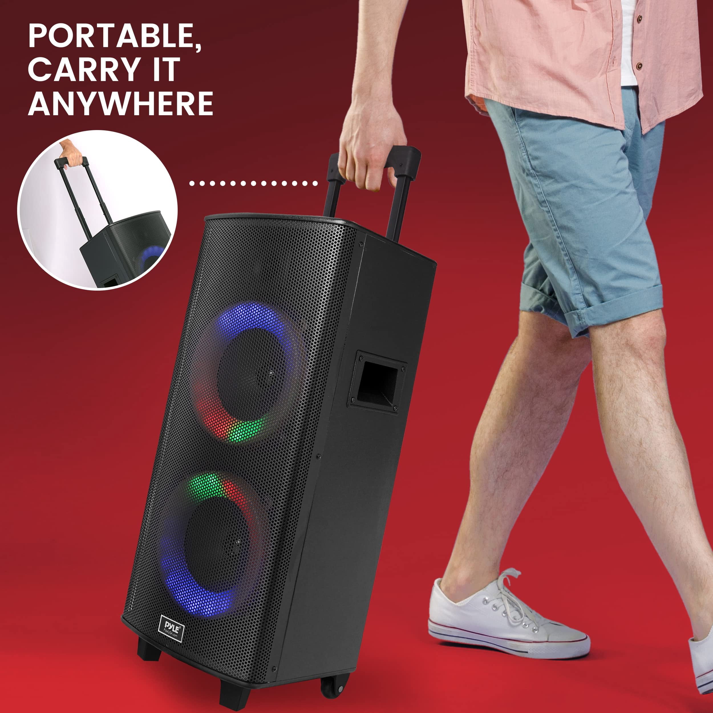 Pyle Portable Bluetooth PA Speaker System - 700W Dual 8 Rechargeable Speaker, TWS, Party Light, LED Display, FM/AUX/MP3/USB/SD, Wheels, Wireless Mic, Remote Control, Tablet Holder Included