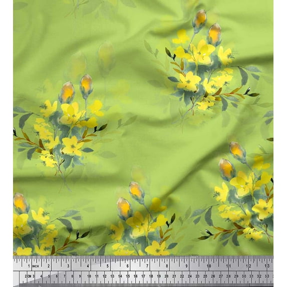 Soimoi Silk Fabric Leaves & Yellow Flower Watercolor Print Fabric by the Yard 42 Inch Wide