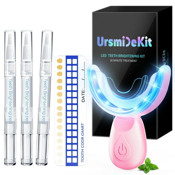 Korsmall LED Teeth Whitening Kit for Sensitive Teeth, Rechargeable Device with 3 Whitening Gels, Pink