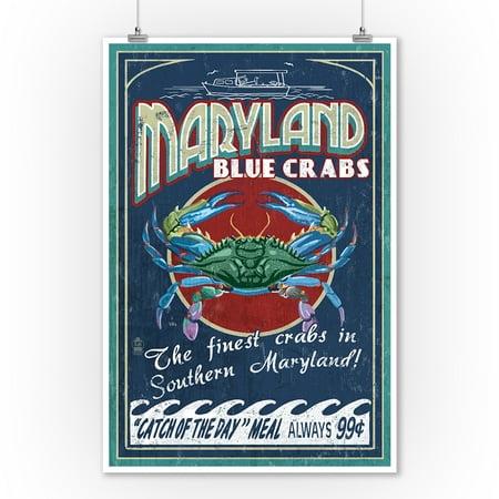 - Maryland - Blue Crabs Vintage Sign (#2) - Lantern Press Artwork (9x12 Art Print, Wall Decor Travel Poster)