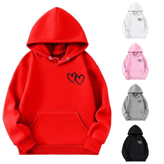 WAYUTE Sweatshirts for Girls Heart Print Long Sleeve Graphic Hoodies Sweatshirt Front Pocket Cute Fall Clothes for Kids Casual Outdoor,Red,Size 7-8 Y
