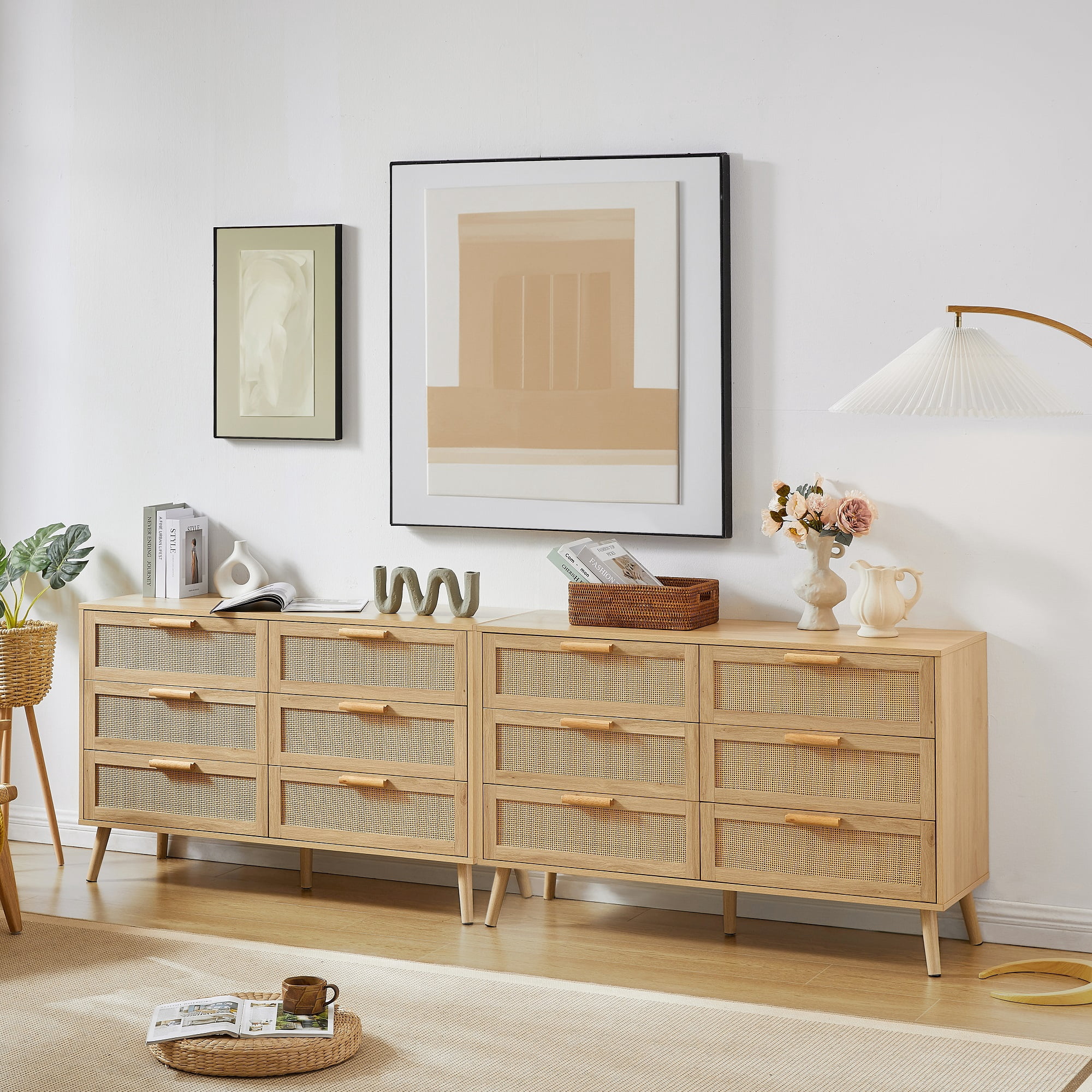 Lunale 47.2" Bedroom Dresser, 6 Double Dressers with rattan drawers, Wooden Chest of Drawers for Living Room, Nature