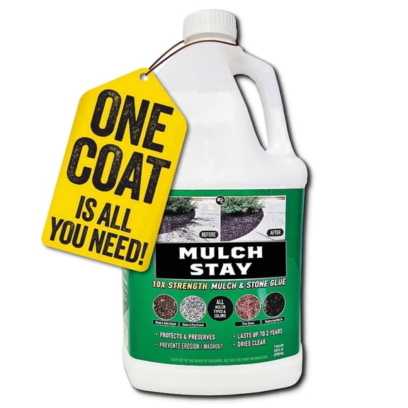 MULCH STAY  Mulch & Stone Glue & Preservative Strongest Mulch Glue, Stops Washout, One Coat Advantage