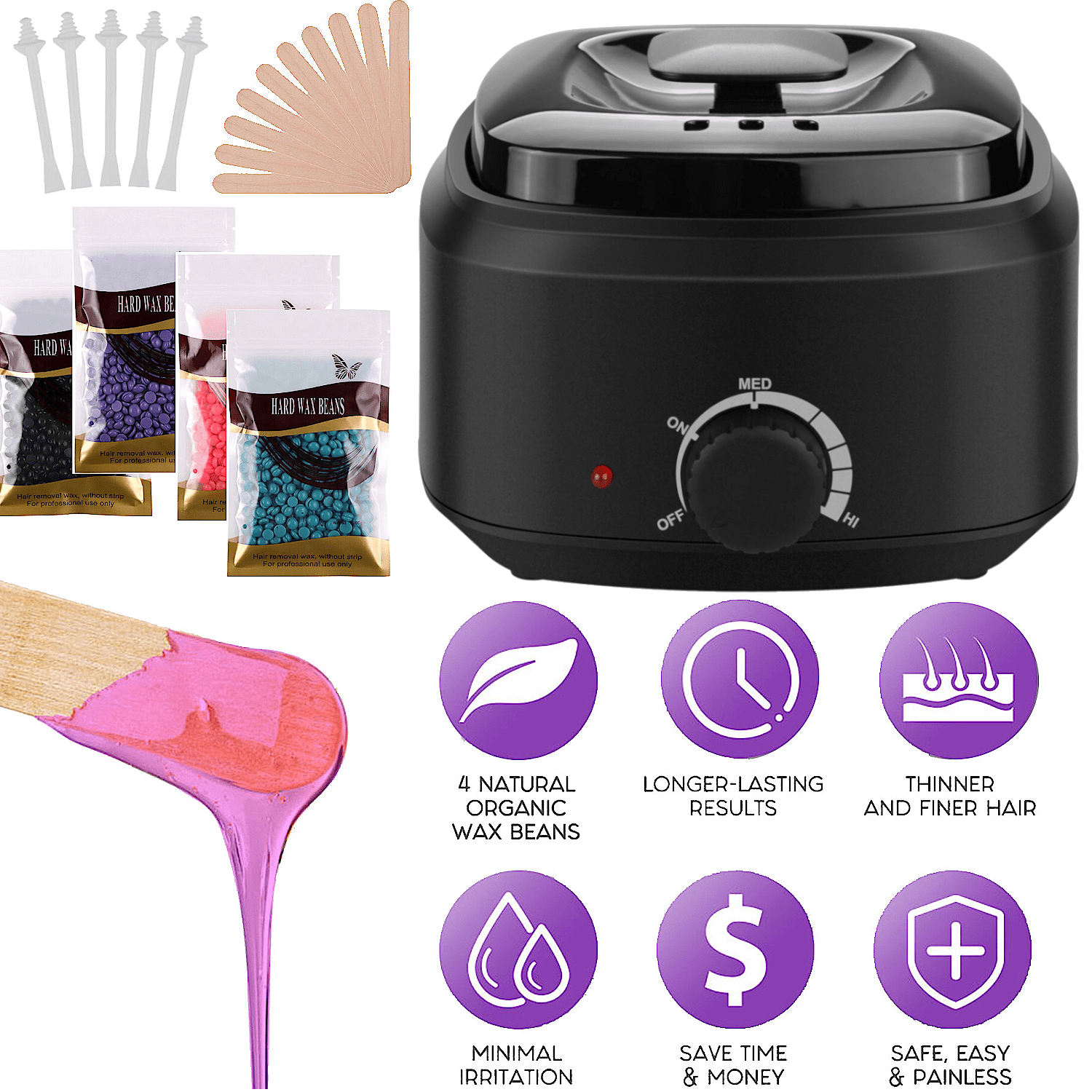 AGPTEK Waxing Kit for Women and Men, At Home Wax Warmer Hair Removal  Include 4Pack Wax Beans & 10x Waxing Sticks,Black 