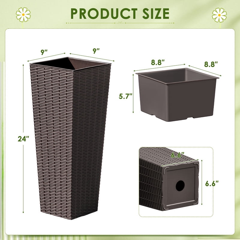 Homall 2-Pack 24" Tall Outdoor Plastic Planters with Inside Pots, Rattan - Patterned for Patio Decor