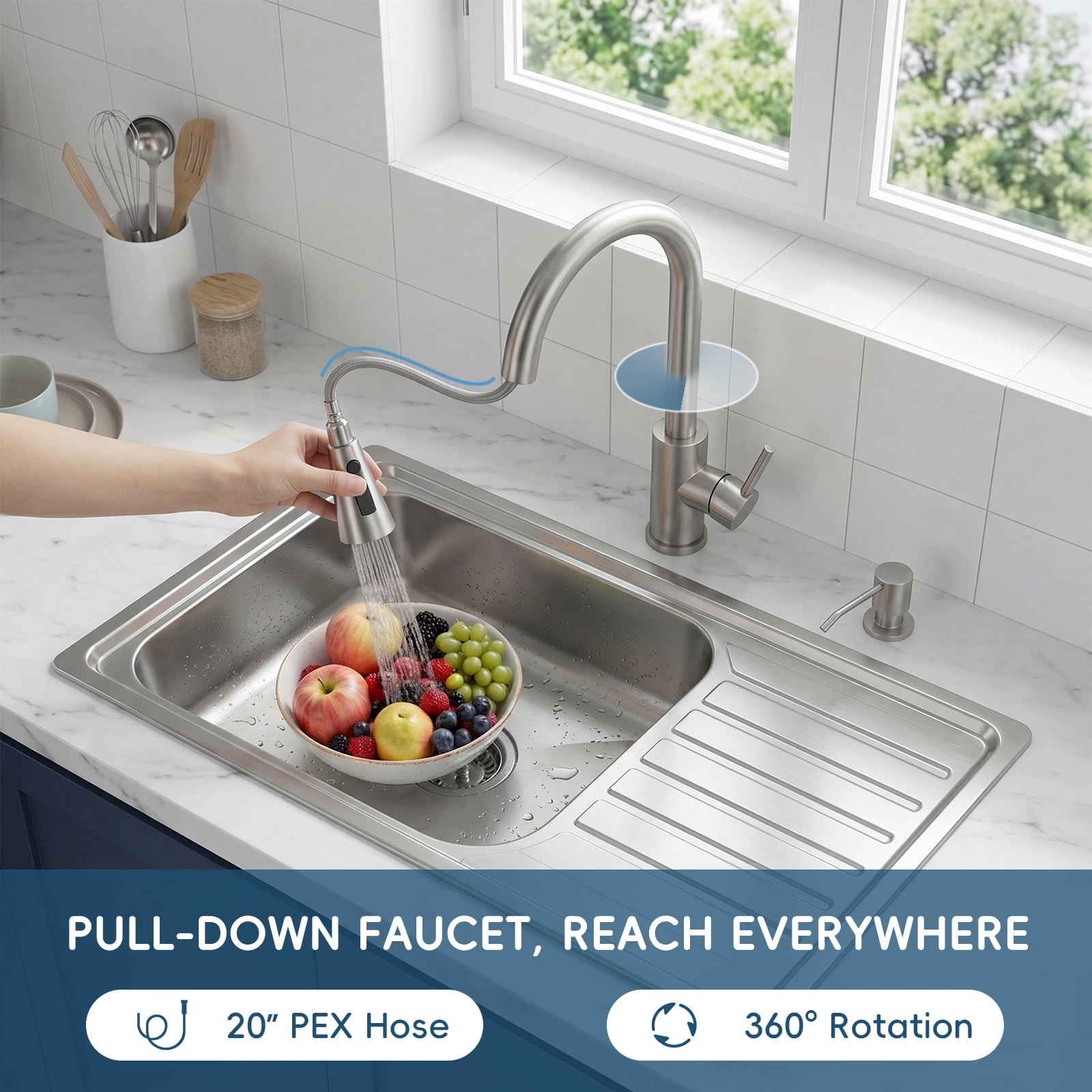 DAYONE Pull Down Brushed Nickel Kitchen Faucet with Sprayer and Soap Dispenser, Stainless Steel Faucet, 3 Modes High Arc Single Handle Kitchen Sink Faucet with Deck Plate for Kitchen Renovation