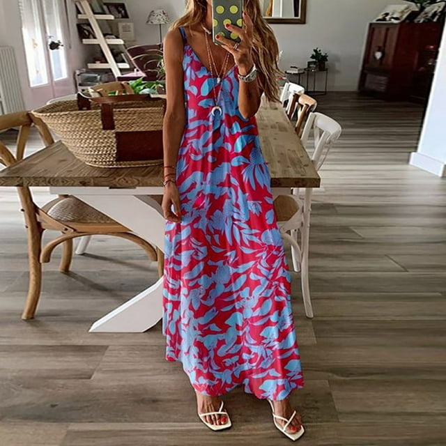 HKEJIAOI Robes de Sortie pour Femmes Cadeau d'Anniversaire Mode Femmes Été Col en V Décontracté Imprimé Ample Sans Manches Robe Longue Économies Liquidation Rouge