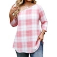 thumbnail image 2 of Gamivast Tunic Tops For Women Plaid Print Skew Neck Dressy Tops 3/4 Sleeve Asymmetrical Tops Comfy Loose Fit Casual Office Work Wear, 2 of 8