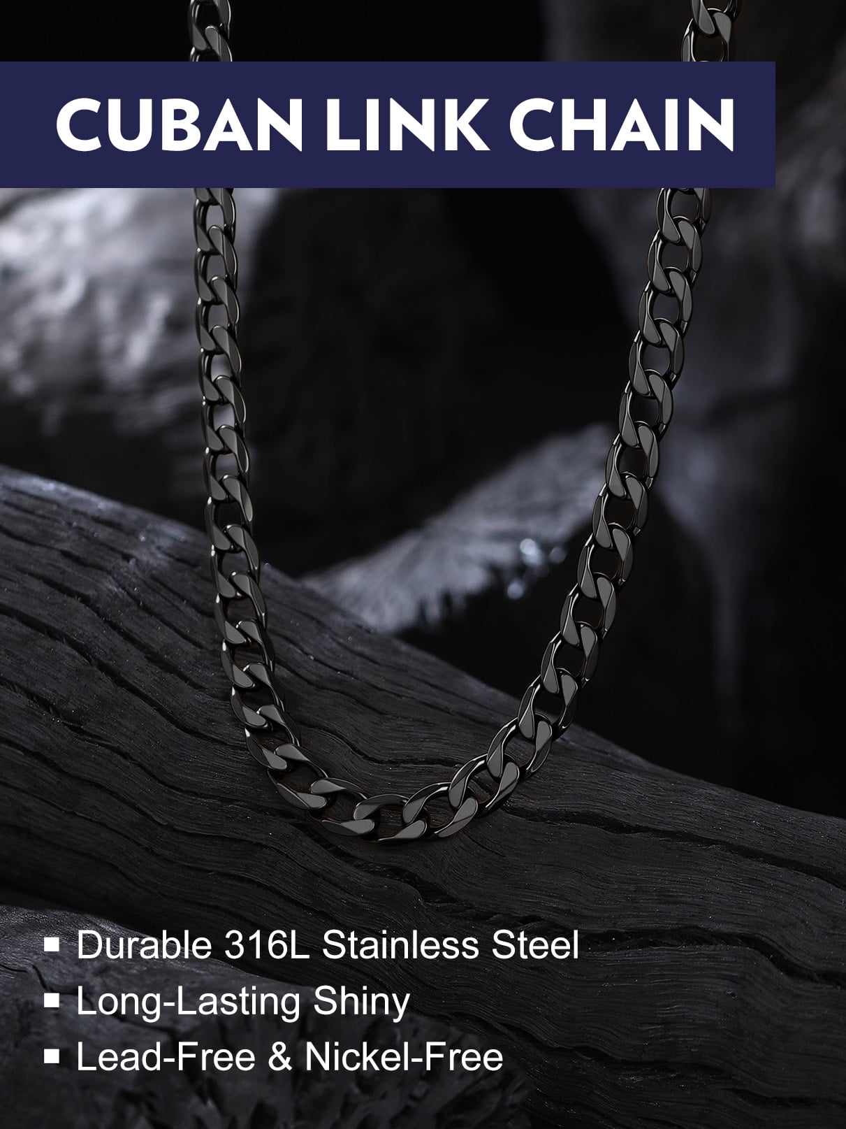 Bandmax 6MM Black Cuban Link Chain Necklace for Men Women Stainless Steel Flat Curb Chain 20 Inches Rapper Mens Jewelry Birthday Father Day Gift for Dad Son Husband Grandpa